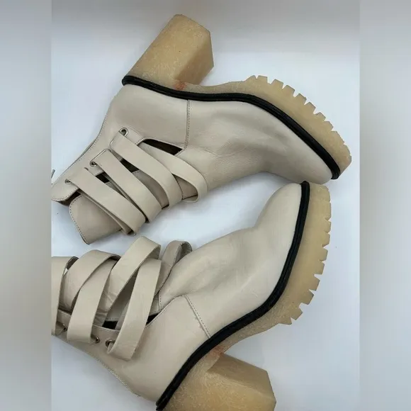 NEW 39.5 Free People Jesse Cutout Ankle Boots Leather Off-White Lug Sole Strappy