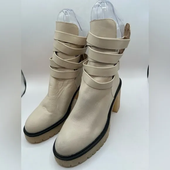 NEW 39.5 Free People Jesse Cutout Ankle Boots Leather Off-White Lug Sole Strappy