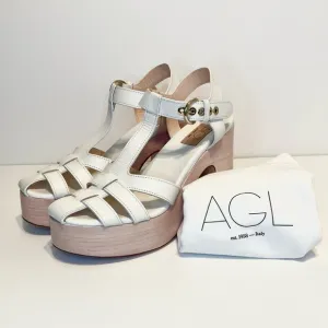 New AGL Sista White Leather Platform Stacked Heel Sandals Size 39
