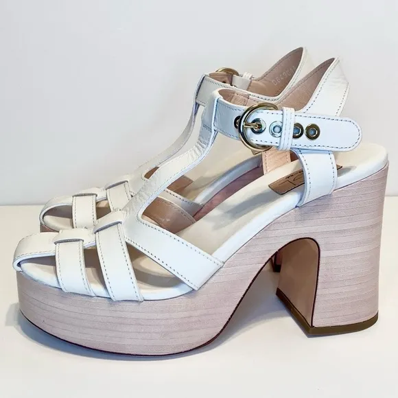 New AGL Sista White Leather Platform Stacked Heel Sandals Size 39