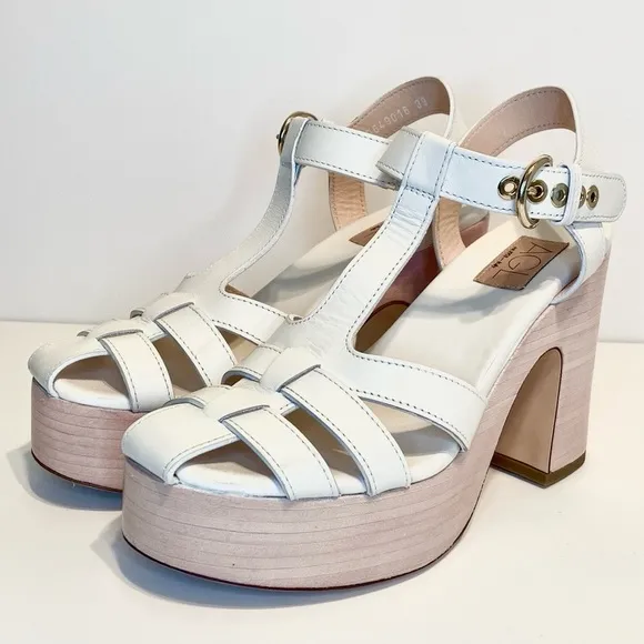 New AGL Sista White Leather Platform Stacked Heel Sandals Size 39