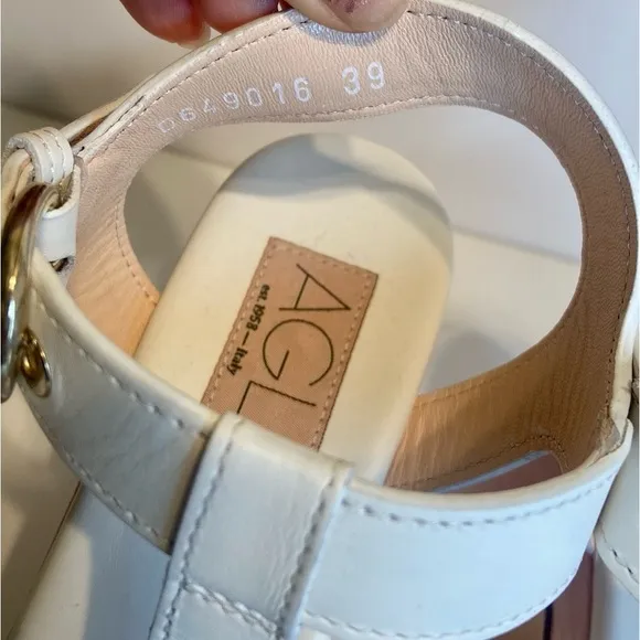 New AGL Sista White Leather Platform Stacked Heel Sandals Size 39