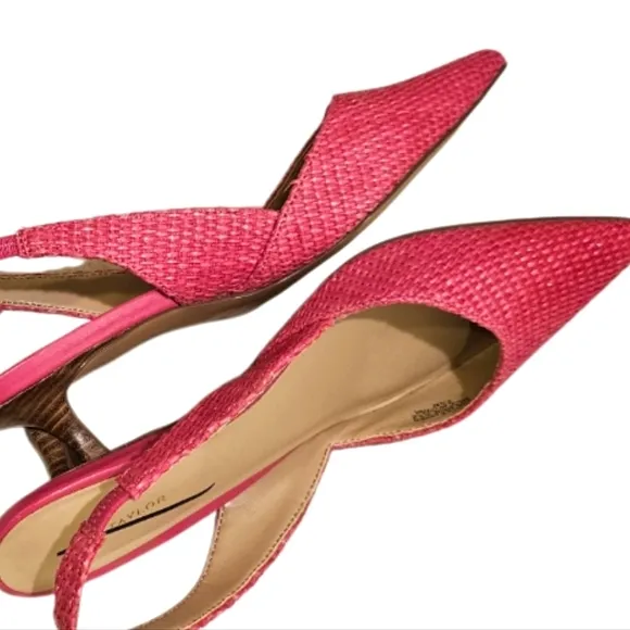 NEW! ANN TAYLOR Hot Pink Straw Pointed Toe Slingback Kitten Heel Pumps 6.5M.