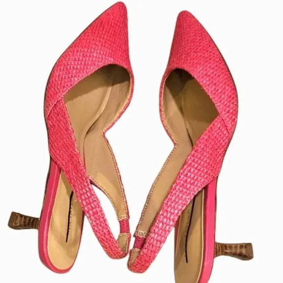 NEW! ANN TAYLOR Hot Pink Straw Pointed Toe Slingback Kitten Heel Pumps 6.5M.