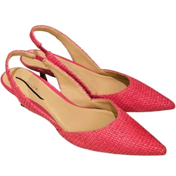 NEW! ANN TAYLOR Hot Pink Straw Pointed Toe Slingback Kitten Heel Pumps 6.5M.