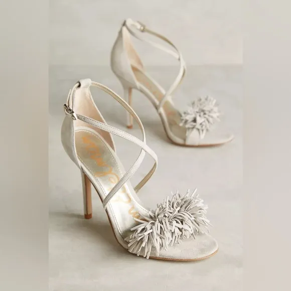 NEW Anthropology SAM EDELMAN Aisha Heels Suede Fringe High Heel Sandal Greige