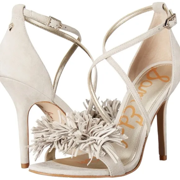 NEW Anthropology SAM EDELMAN Aisha Heels Suede Fringe High Heel Sandal Greige