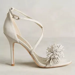NEW Anthropology SAM EDELMAN Aisha Heels Suede Fringe High Heel Sandal Greige