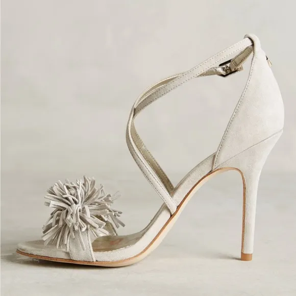 NEW Anthropology SAM EDELMAN Aisha Heels Suede Fringe High Heel Sandal Greige