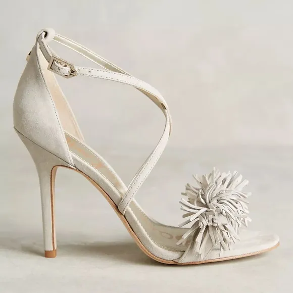 NEW Anthropology SAM EDELMAN Aisha Heels Suede Fringe High Heel Sandal Greige