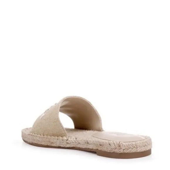 NEW Badgley Mischka Jewel Kyrene Espadrille Sandals Beaded Fabric Beige Tan