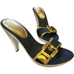 New BCBG Denim / Gold Buckles Mule Heels Pumps Shoes Boho Chic Y2K 70’s Size 7