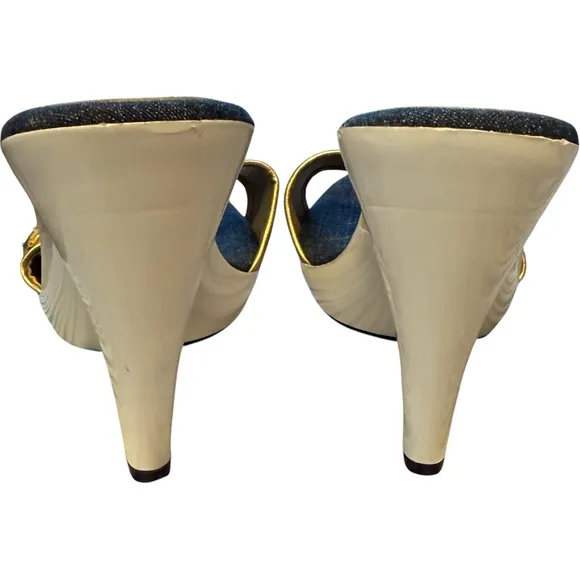 New BCBG Denim / Gold Buckles Mule Heels Pumps Shoes Boho Chic Y2K 70’s Size 7