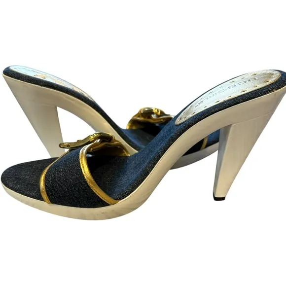 New BCBG Denim / Gold Buckles Mule Heels Pumps Shoes Boho Chic Y2K 70’s Size 7