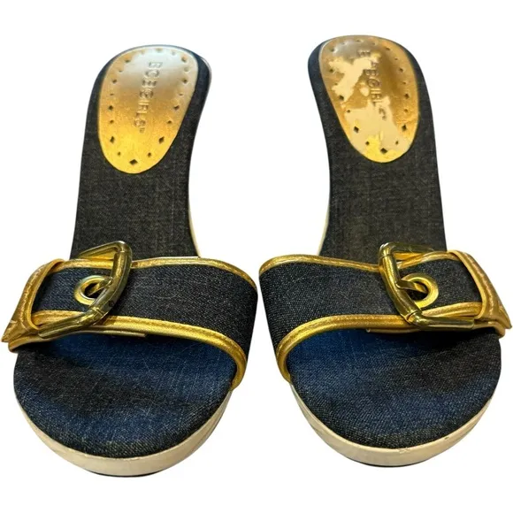 New BCBG Denim / Gold Buckles Mule Heels Pumps Shoes Boho Chic Y2K 70’s Size 7