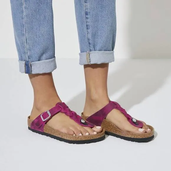 NEW BIRKENSTOCK women's gizeh braided oiled leather sandals in festival fuchsia
