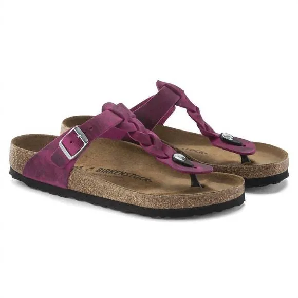 NEW BIRKENSTOCK women's gizeh braided oiled leather sandals in festival fuchsia