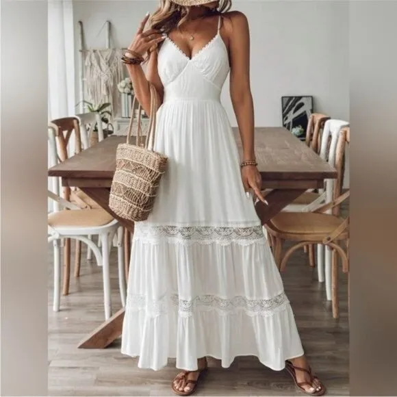 New Boho Maxi Dress Tiered Open Back V Neck White Lace Trim