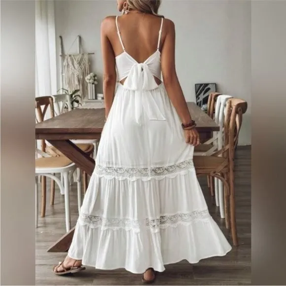 New Boho Maxi Dress Tiered Open Back V Neck White Lace Trim