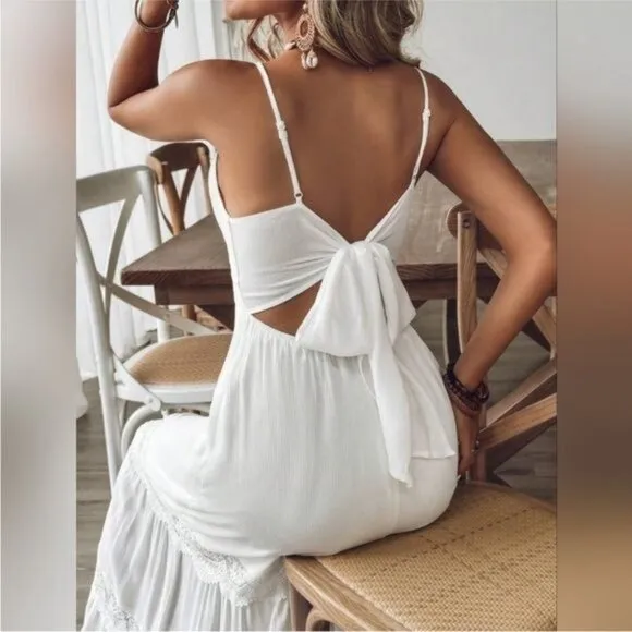 New Boho Maxi Dress Tiered Open Back V Neck White Lace Trim