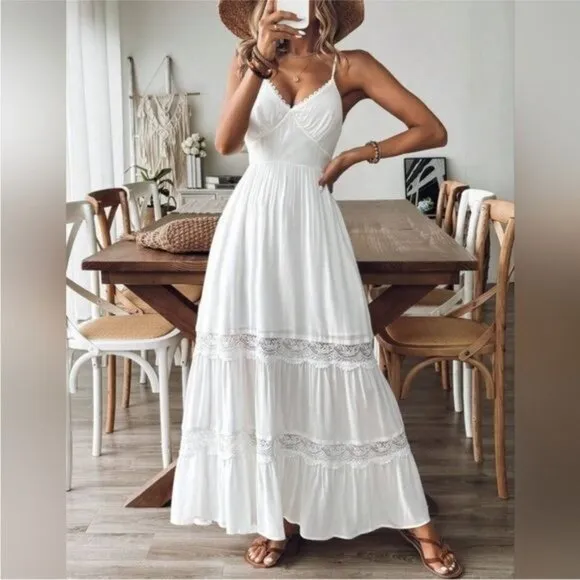 New Boho Maxi Dress Tiered Open Back V Neck White Lace Trim