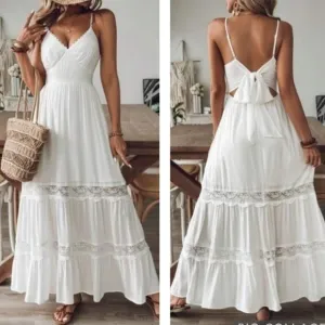 New Boho Maxi Dress Tiered Open Back V Neck White Lace Trim