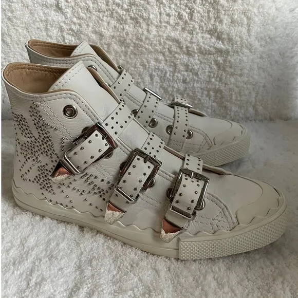 NEW Chloé Kyle Leather Studded Buckle High Top Sneaker White Women's Size 40