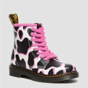 New Dr.Martens Patent Leather Cow Pink Lace Up Print Chunky Lug Sole Boots