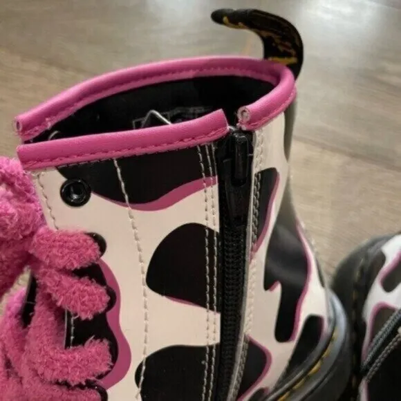 New Dr.Martens Patent Leather Cow Pink Lace Up Print Chunky Lug Sole Boots