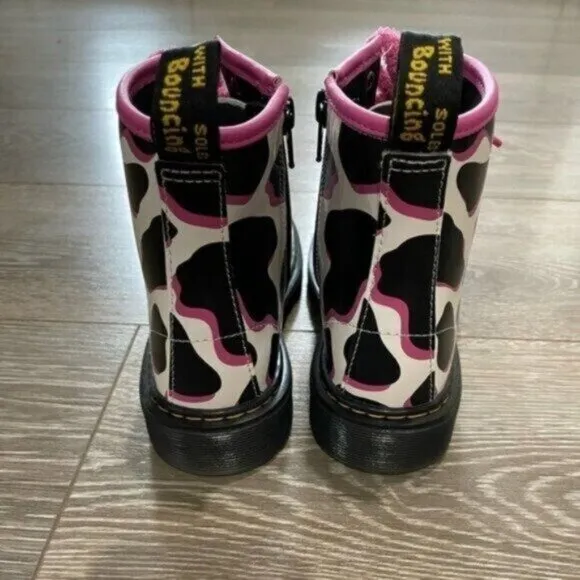 New Dr.Martens Patent Leather Cow Pink Lace Up Print Chunky Lug Sole Boots