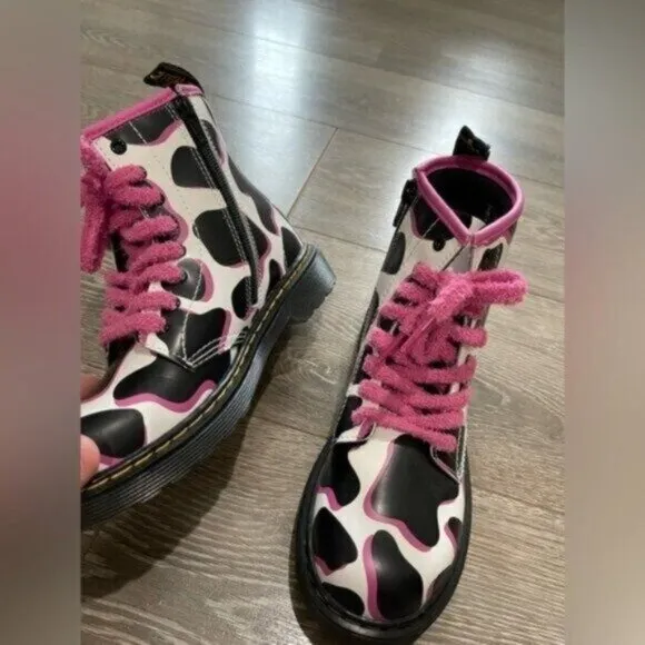 New Dr.Martens Patent Leather Cow Pink Lace Up Print Chunky Lug Sole Boots