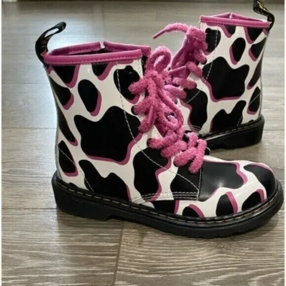 New Dr.Martens Patent Leather Cow Pink Lace Up Print Chunky Lug Sole Boots