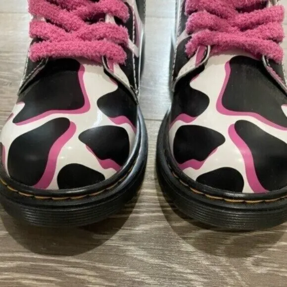 New Dr.Martens Patent Leather Cow Pink Lace Up Print Chunky Lug Sole Boots