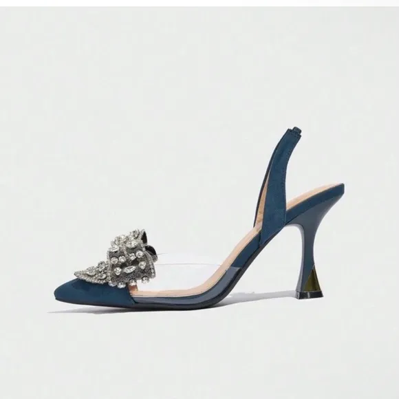 NEW - Elegant Blue Slingback Heels with Bow