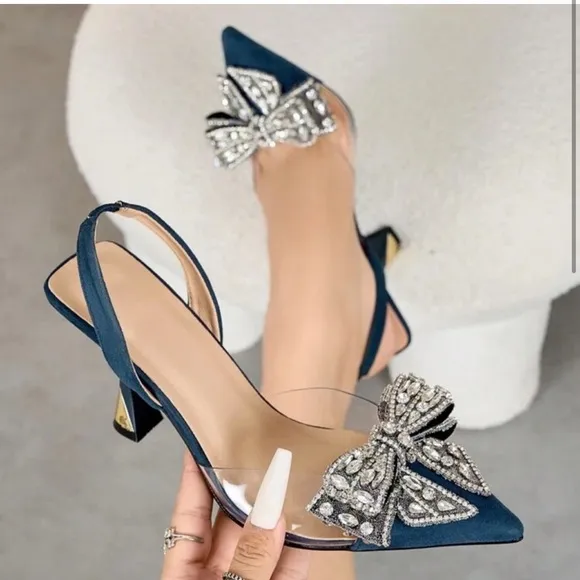 NEW - Elegant Blue Slingback Heels with Bow