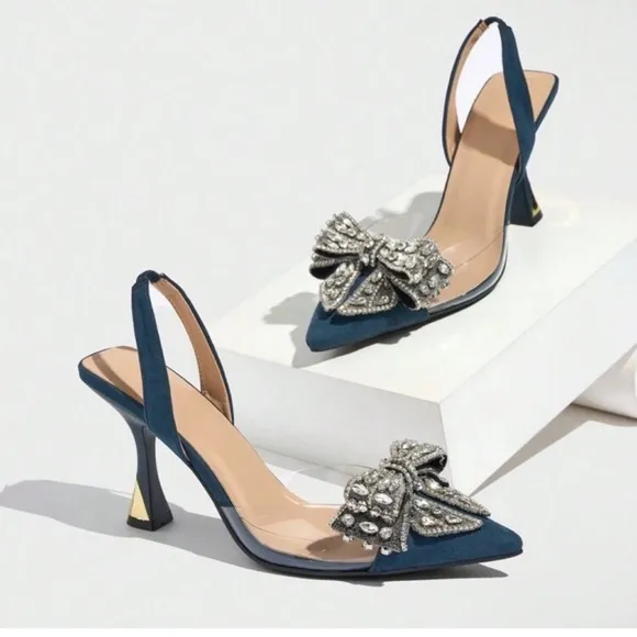 NEW - Elegant Blue Slingback Heels with Bow