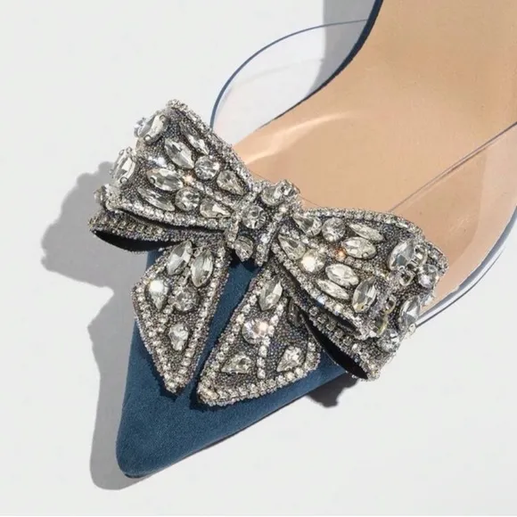 NEW - Elegant Blue Slingback Heels with Bow
