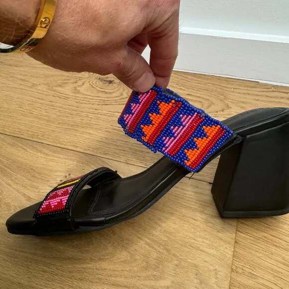 NEW Farm Rio Black Vegan Leather Beaded Block Heel Slide Slip On Rainbow Sandals