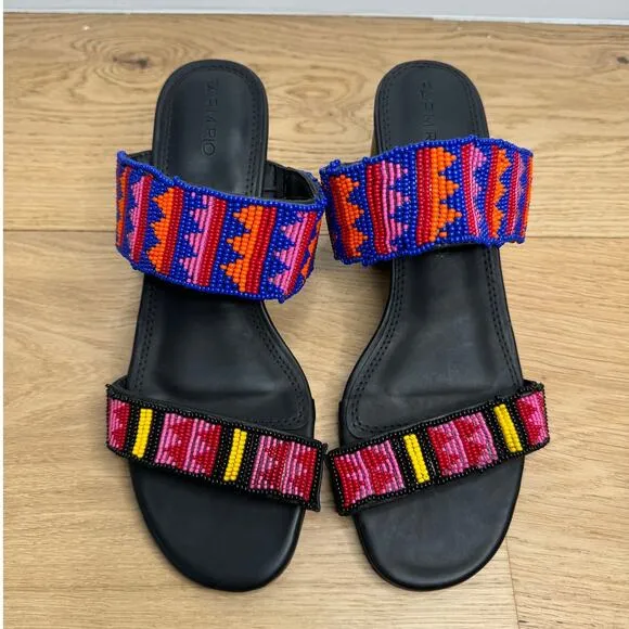 NEW Farm Rio Black Vegan Leather Beaded Block Heel Slide Slip On Rainbow Sandals
