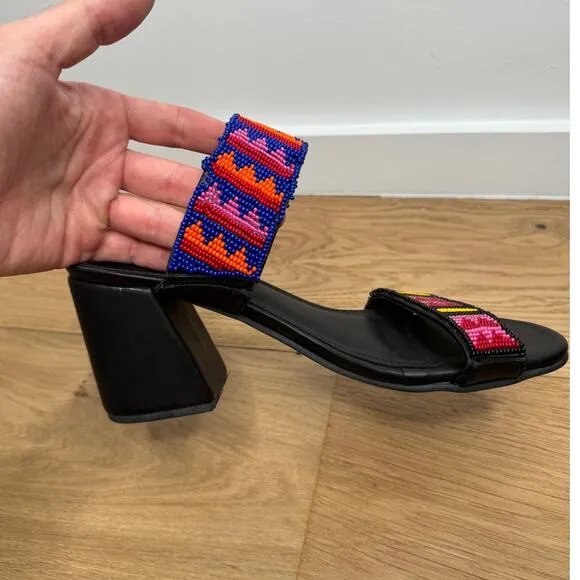 NEW Farm Rio Black Vegan Leather Beaded Block Heel Slide Slip On Rainbow Sandals