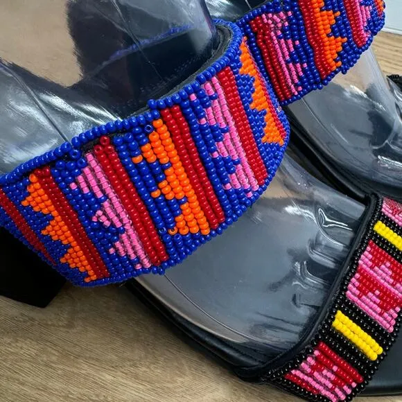 NEW Farm Rio Black Vegan Leather Beaded Block Heel Slide Slip On Rainbow Sandals