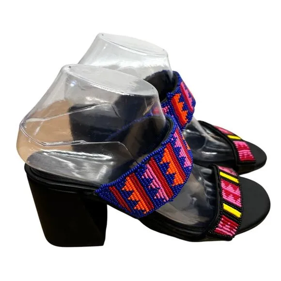 NEW Farm Rio Black Vegan Leather Beaded Block Heel Slide Slip On Rainbow Sandals