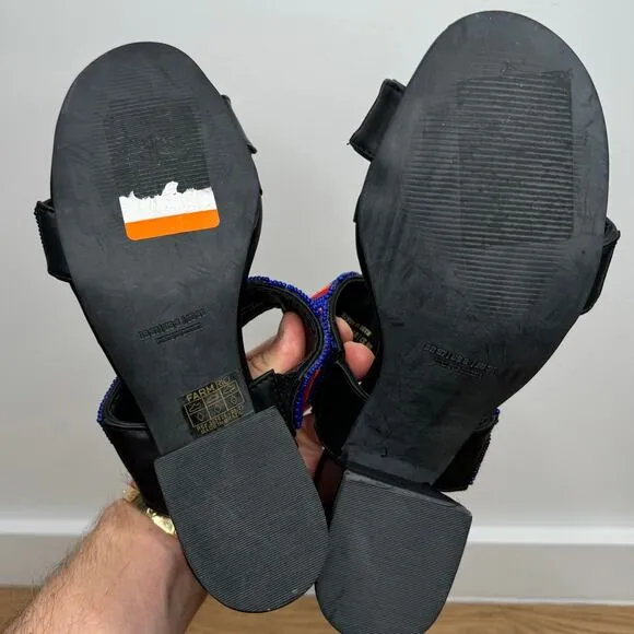 NEW Farm Rio Black Vegan Leather Beaded Block Heel Slide Slip On Rainbow Sandals