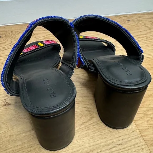 NEW Farm Rio Black Vegan Leather Beaded Block Heel Slide Slip On Rainbow Sandals