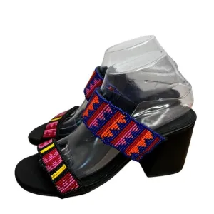 NEW Farm Rio Black Vegan Leather Beaded Block Heel Slide Slip On Rainbow Sandals