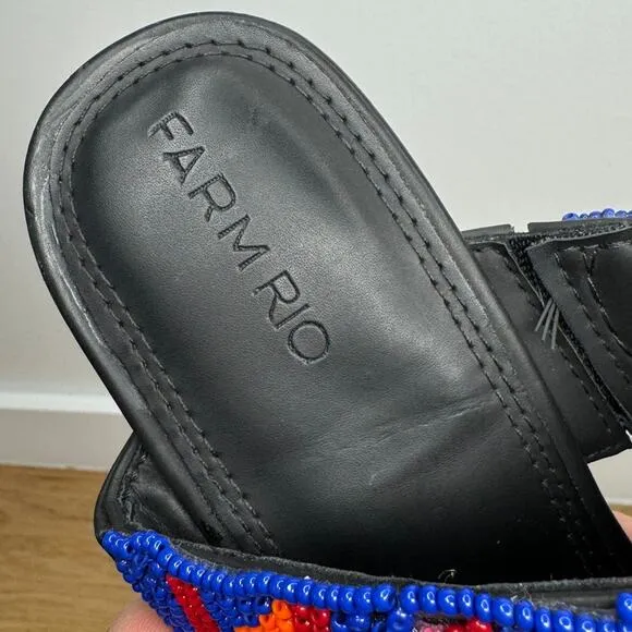 NEW Farm Rio Black Vegan Leather Beaded Block Heel Slide Slip On Rainbow Sandals