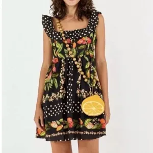 NEW FARM Rio Cocoa Paradise Mini Dress Tropical Polka Dot Ruffle Black Size XL