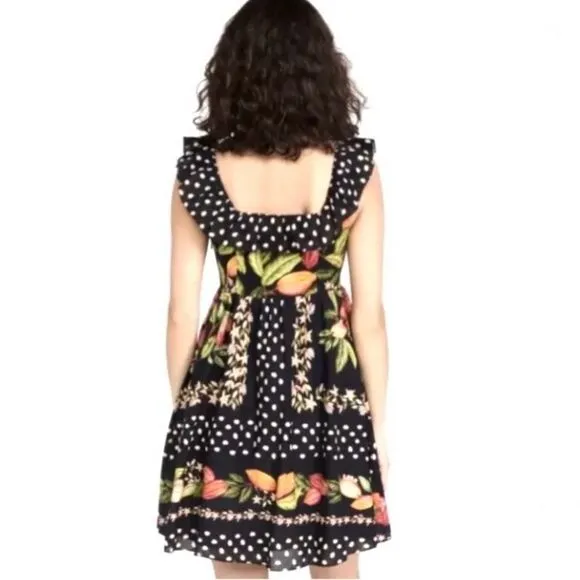 NEW FARM Rio Cocoa Paradise Mini Dress Tropical Polka Dot Ruffle Black Size XL