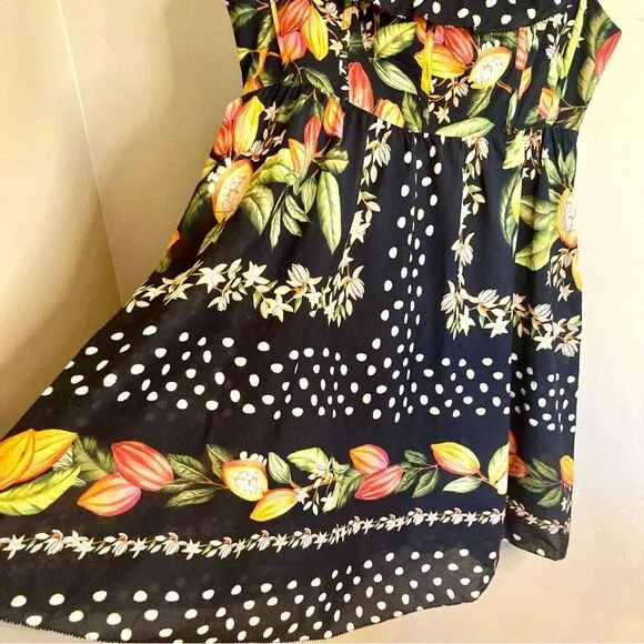NEW FARM Rio Cocoa Paradise Mini Dress Tropical Polka Dot Ruffle Black Size XL
