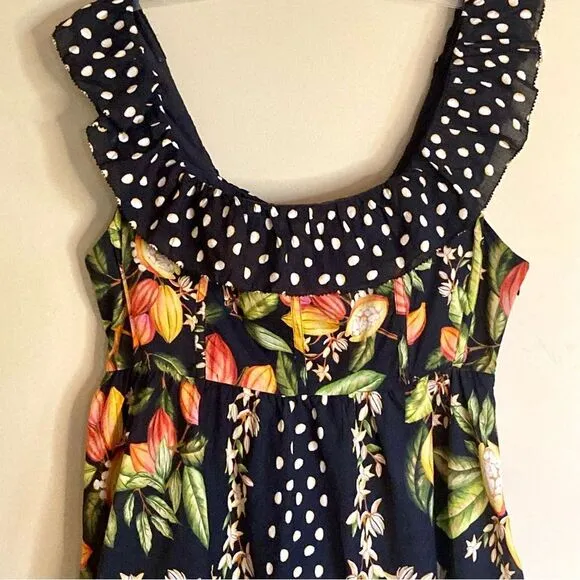 NEW FARM Rio Cocoa Paradise Mini Dress Tropical Polka Dot Ruffle Black Size XL